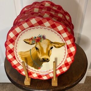 Red Checkered Cow Plates and Plate Display Rack